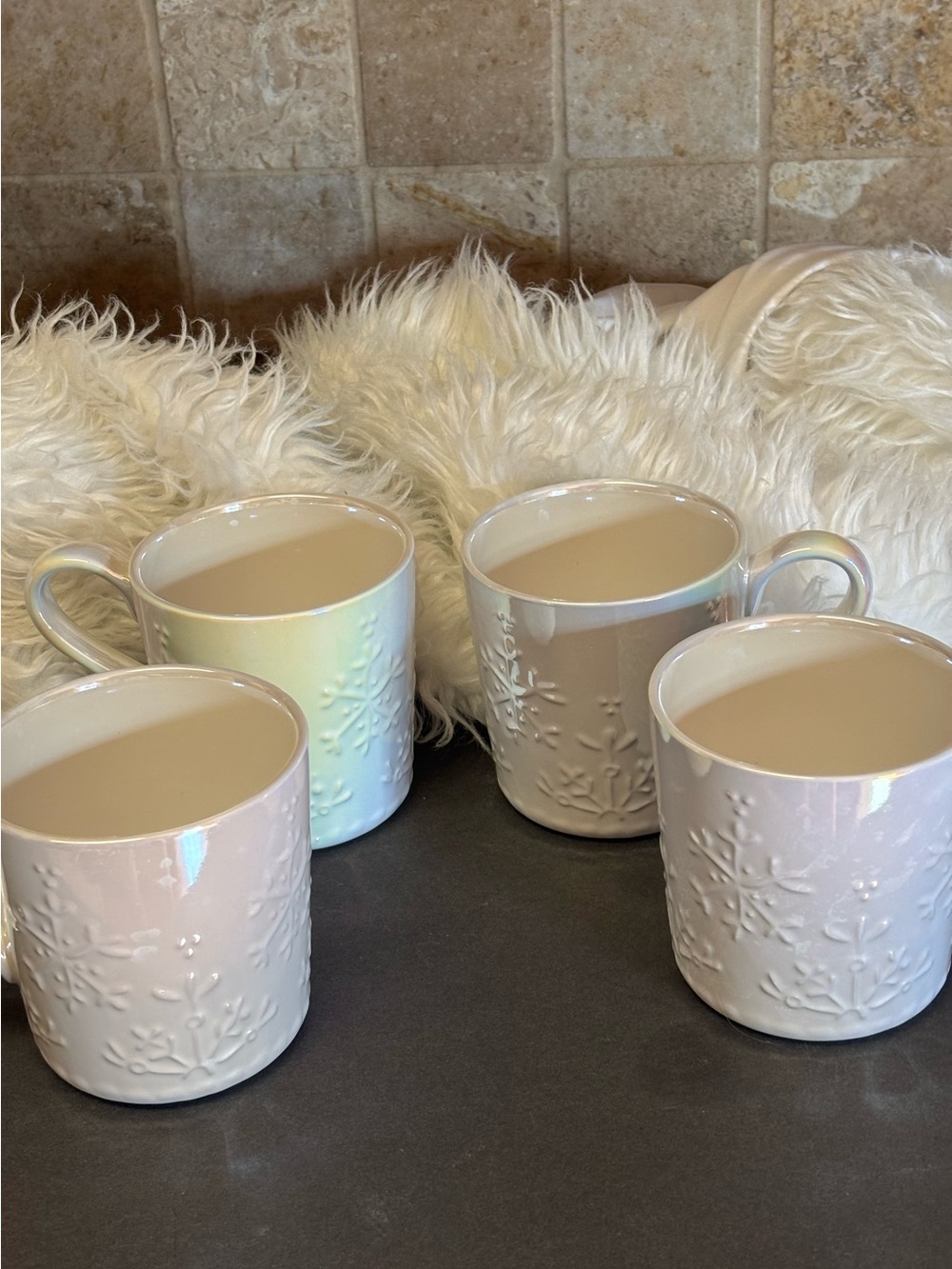 4 Ceramic Glossy White Holiday Snowflake Coffee Mugs Stoneware by Crofton